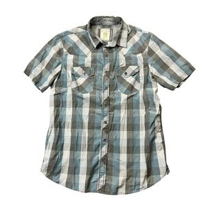 Ecoths Large Blue Grey Plaid Short Sleeve Button Up Cotton Blend